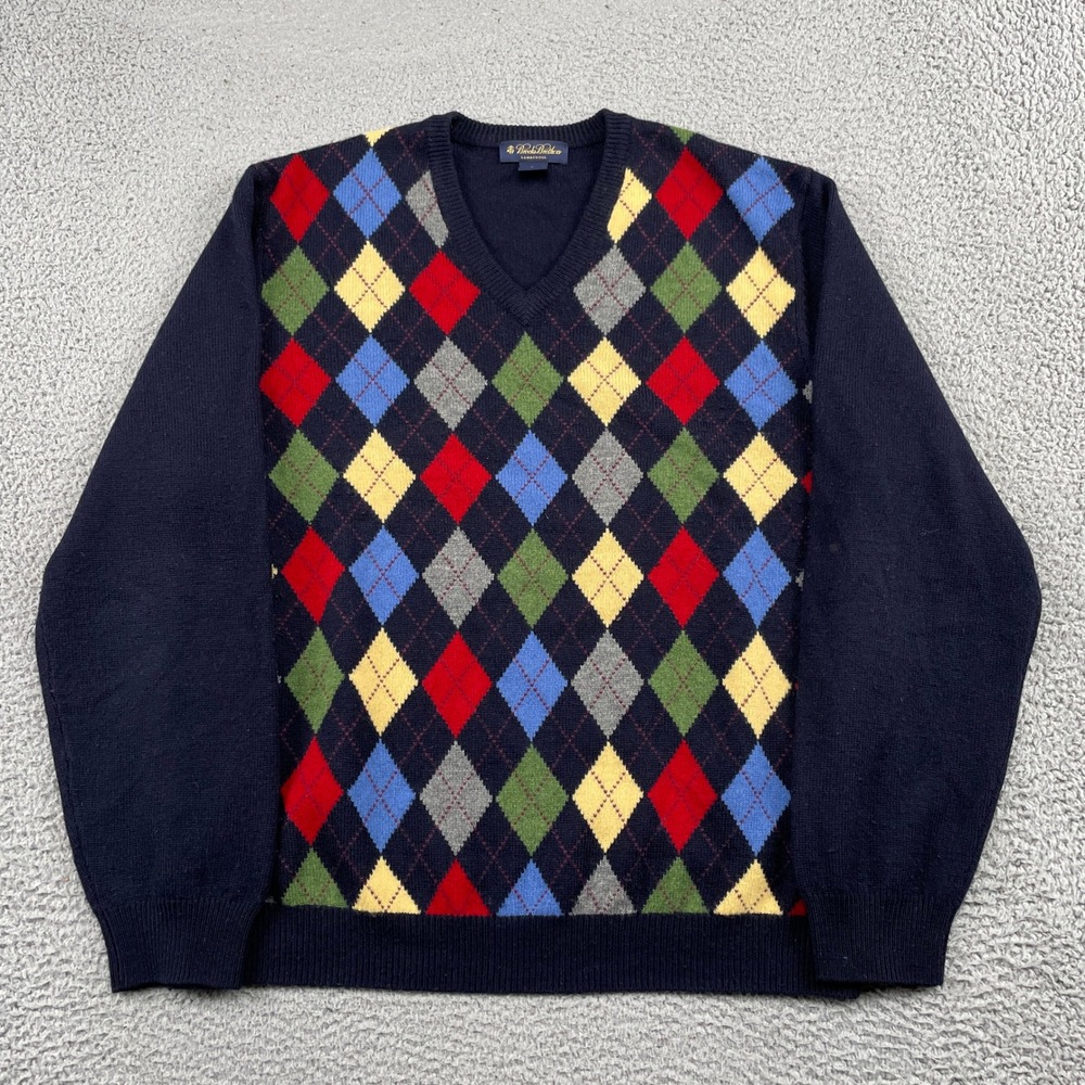 Brooks Brothers Sweater Mens XL Navy Argyle Lambswool V-Neck Preppy Classic